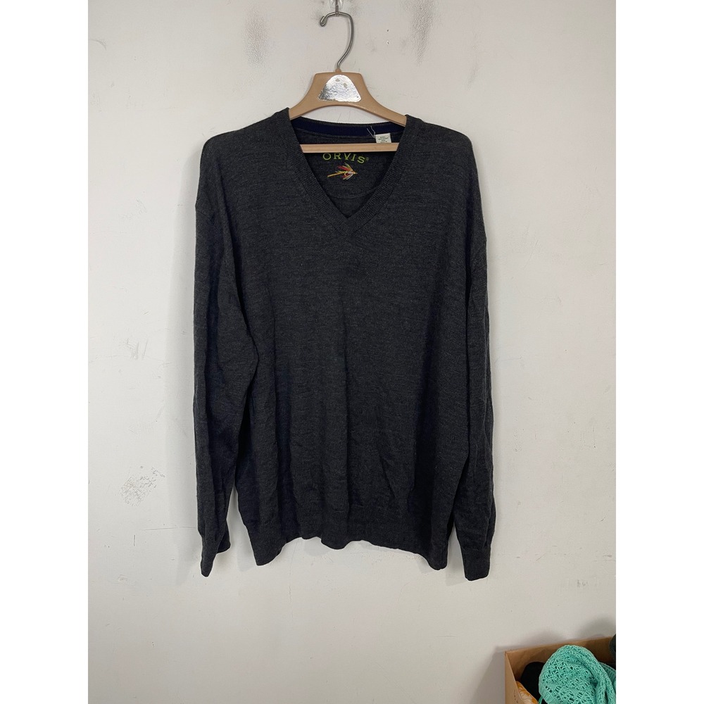 Orvis Mens XXL Charcoal Gray 100% Merino Wool V-Neck Sweater Pullover Knit